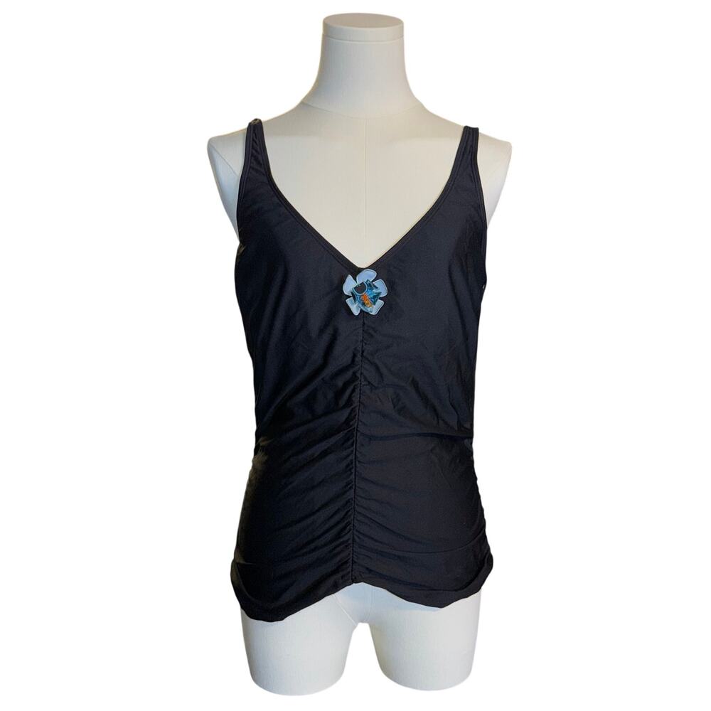 Vintage Coco Reef Black Ruched Swimsuit top Mesh Floral Bead tankini topSize 38C